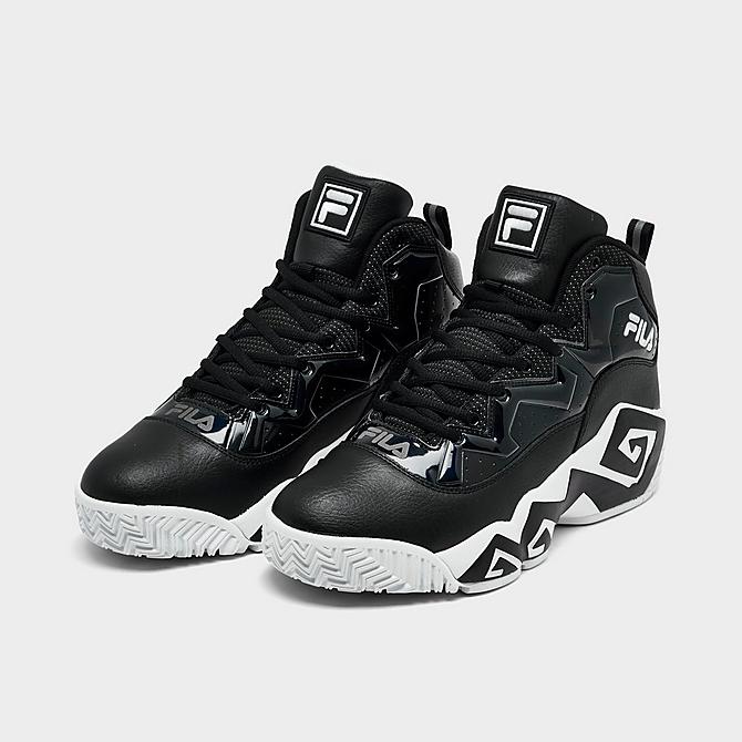 Three Quarter view of Men's Fila MB Basketball Shoes in Black/White Click to zoom