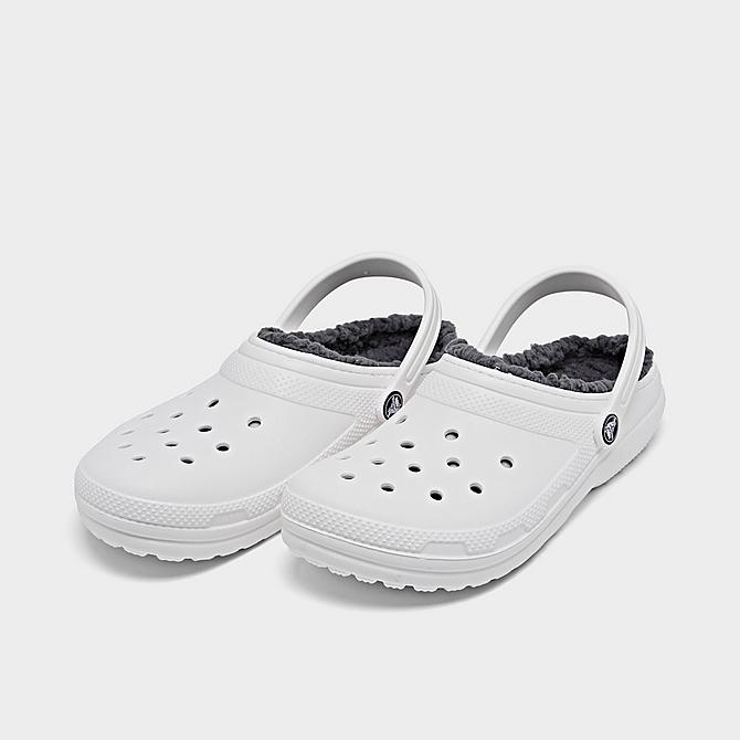 Three Quarter view of Big Kids' Crocs Classic Lined Clog Shoes in White/Black Click to zoom