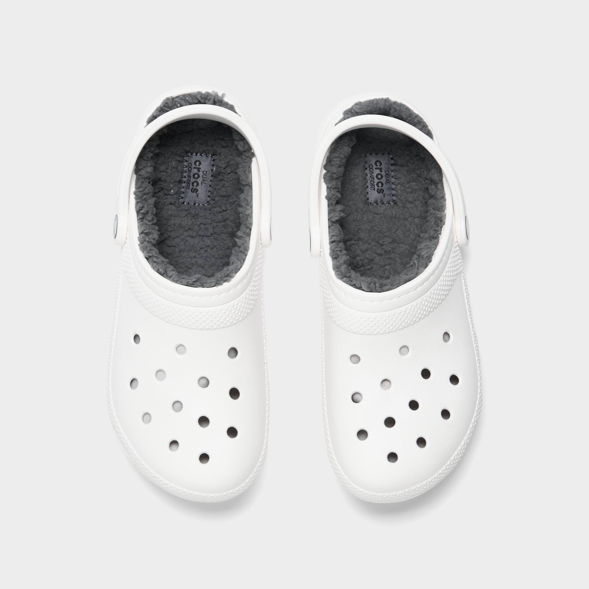 grey and white fuzzy crocs