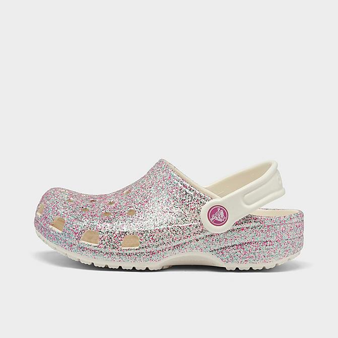 Right view of Girls' Little Kids' Crocs Classic Clog Shoes in White/Multi Glitter Click to zoom