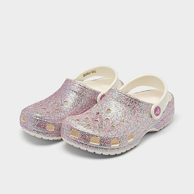 Three Quarter view of Girls' Little Kids' Crocs Classic Clog Shoes in White/Multi Glitter Click to zoom