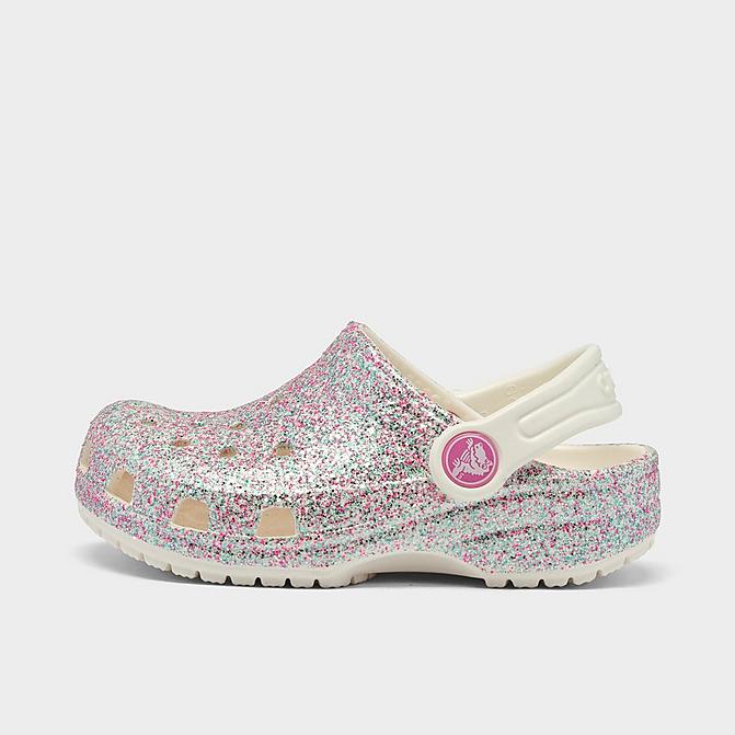 Right view of Girls' Toddler Crocs Classic Clog Shoes in White/Multi Glitter Click to zoom