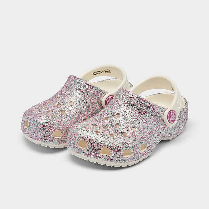 Three Quarter view of Girls' Toddler Crocs Classic Clog Shoes in White/Multi Glitter Click to zoom