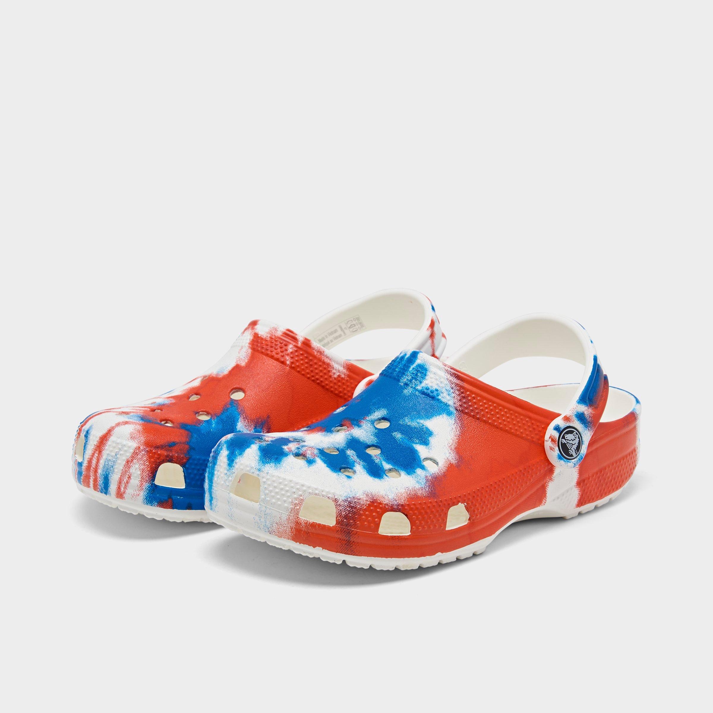 red white and blue tie dye crocs