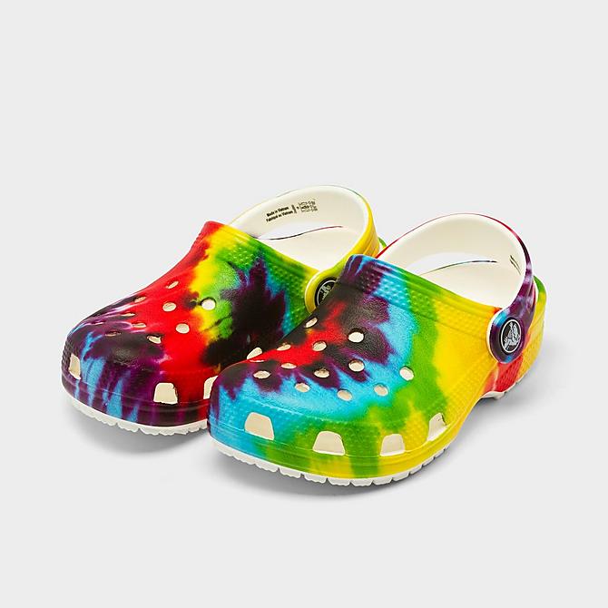 Three Quarter view of Kids' Toddler Crocs Classic Tie-Dye Graphic Clog Shoes in Multi Click to zoom