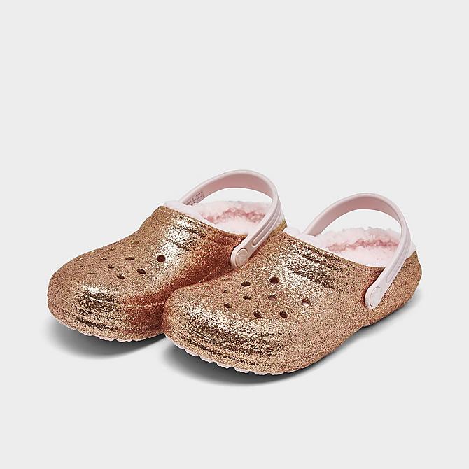 Three Quarter view of Girls' Big Kids' Crocs Classic Glitter Lined Clog Shoes in Gold Click to zoom