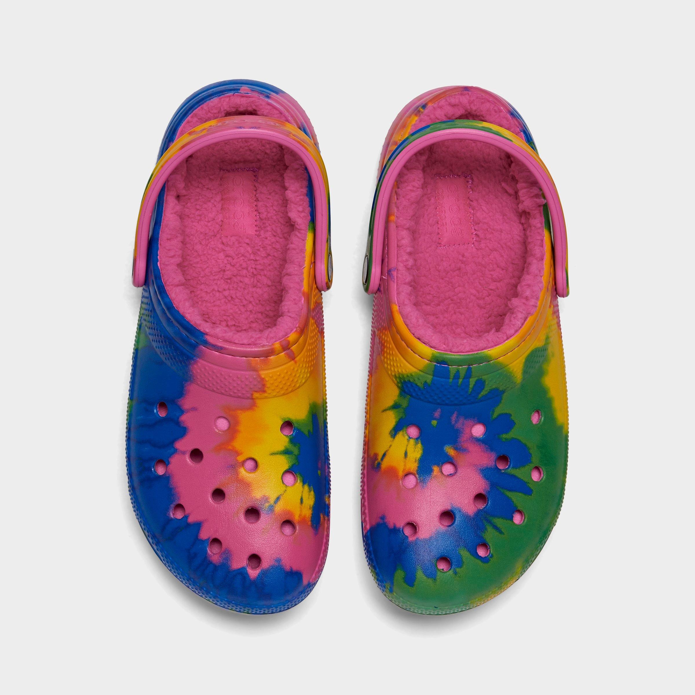 tie dye crocs with pink fur inside