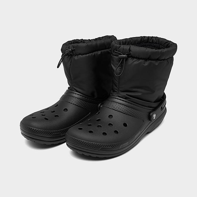 Three Quarter view of Crocs Classic Lined Neo Puff Boots in Black/Black Click to zoom