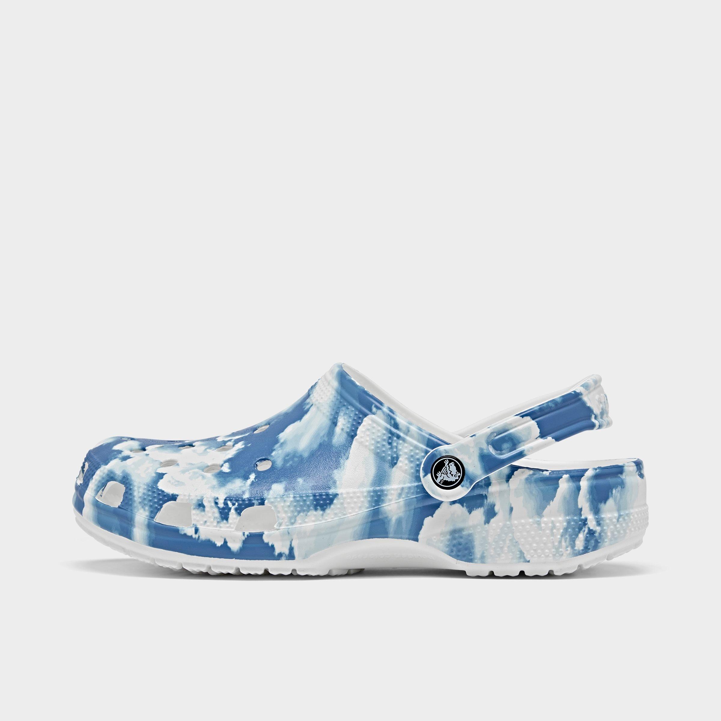 white and blue crocs