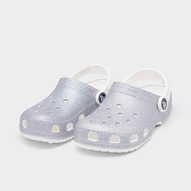 Three Quarter view of Girls' Toddler Crocs Classic Glitter Clog Shoes in White/Multi Click to zoom