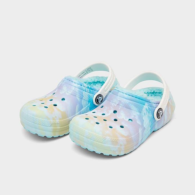 Three Quarter view of Girls' Toddler Crocs Classic Cloud Lined Clog Shoes in Pastel Multi Click to zoom