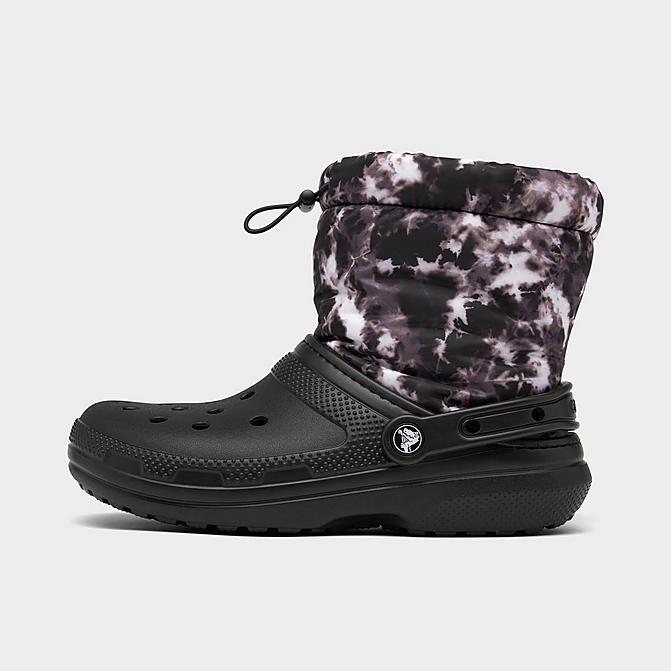 Right view of Women's Crocs Classic Lined Neo Puff Boots in Black/Multi Click to zoom