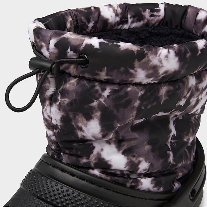 Front view of Women's Crocs Classic Lined Neo Puff Boots in Black/Multi Click to zoom