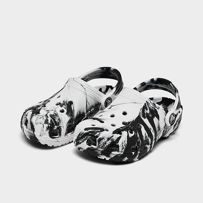 Three Quarter view of Little Kids' Crocs Classic Marbled Clog Shoes in Black/White Click to zoom