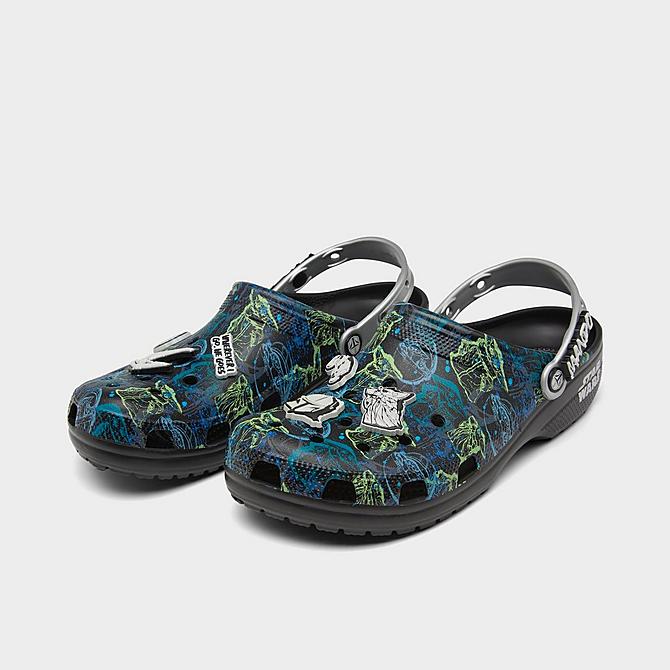 Three Quarter view of Unisex Crocs x Star Wars The Mandalorian Classic Clog Shoes (Men's Sizing) in Black/Multi Click to zoom