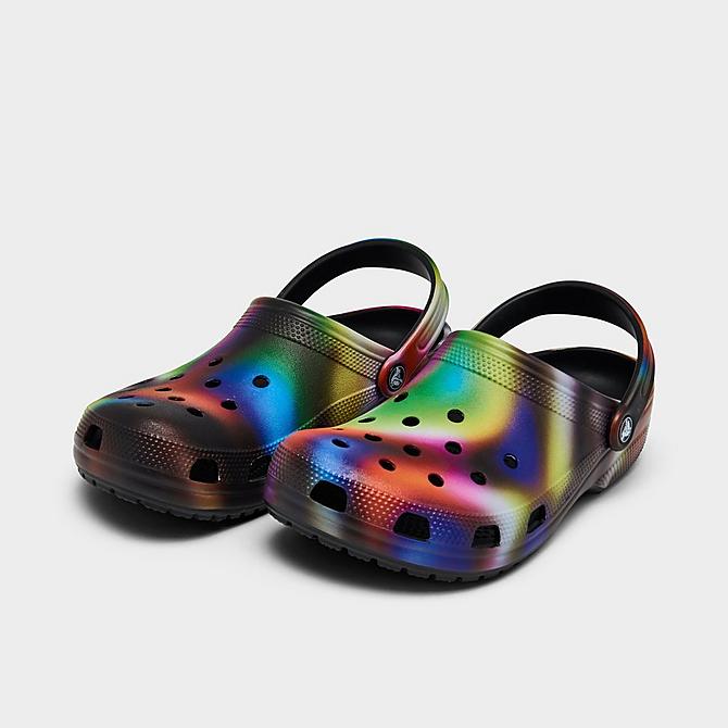 Three Quarter view of Crocs Classic Solarized Clog Shoes (Men's Sizing) in Black/Multicolor Click to zoom