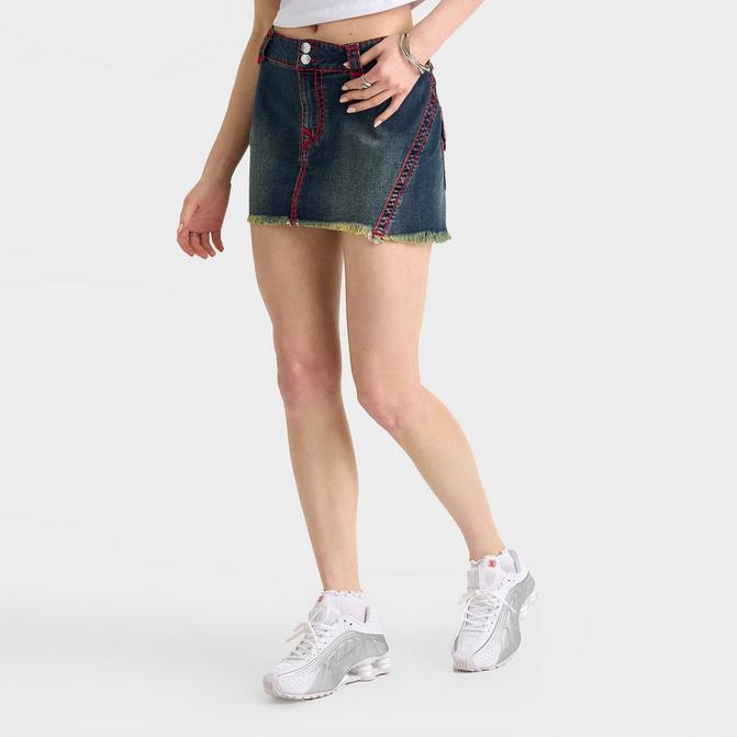 [angle] view of Women's True Religion Twisted Seam Super T Mini Skirt in Denim Red Click to zoom