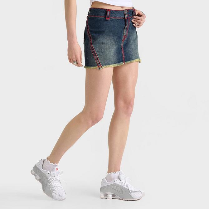 [angle] view of Women's True Religion Twisted Seam Super T Mini Skirt in Denim Red Click to zoom