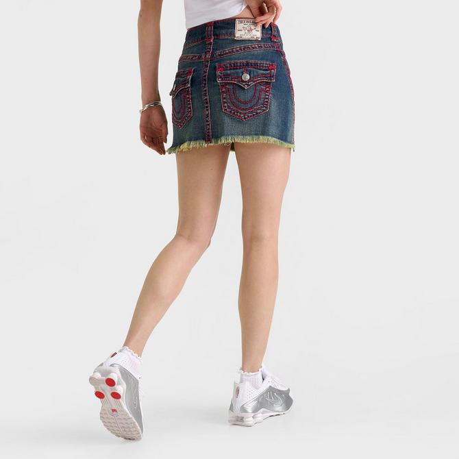 [angle] view of Women's True Religion Twisted Seam Super T Mini Skirt in Denim Red Click to zoom