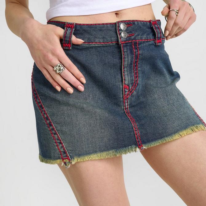 [angle] view of Women's True Religion Twisted Seam Super T Mini Skirt in Denim Red Click to zoom