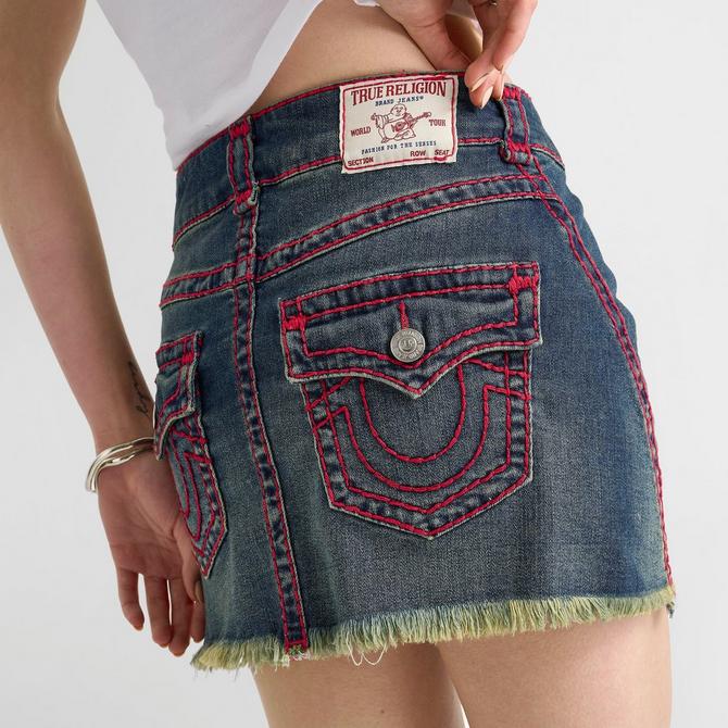 [angle] view of Women's True Religion Twisted Seam Super T Mini Skirt in Denim Red Click to zoom