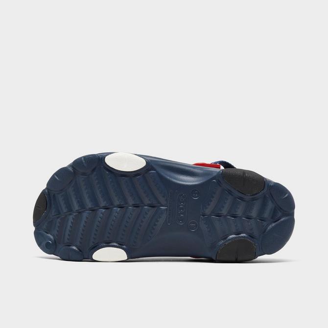 Bottom view of Big Kids' Crocs Spider-Man All-Terrain Classic Clog Shoes in Red/Navy Click to zoom