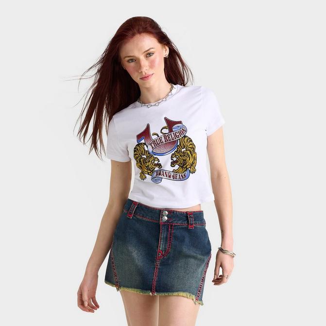 [angle] view of Women's True Religion Crystal Tiger Short-Sleeve T-Shirt in White/Multi Click to zoom