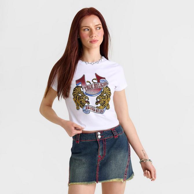 [angle] view of Women's True Religion Crystal Tiger Short-Sleeve T-Shirt in White/Multi Click to zoom