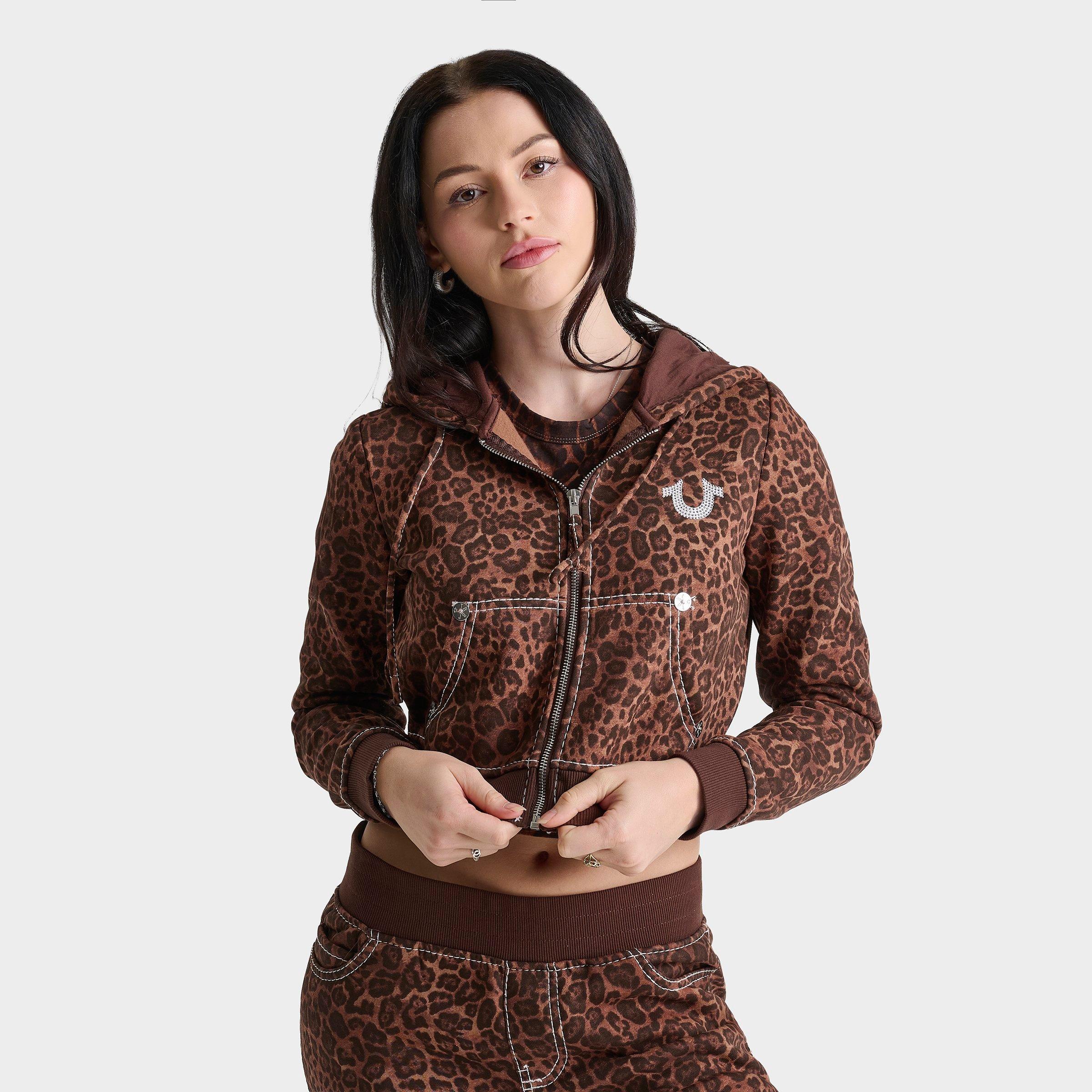 Women's True Religion Leopard Crystal Shrunken Big T Full-Zip Cropped Hoodie