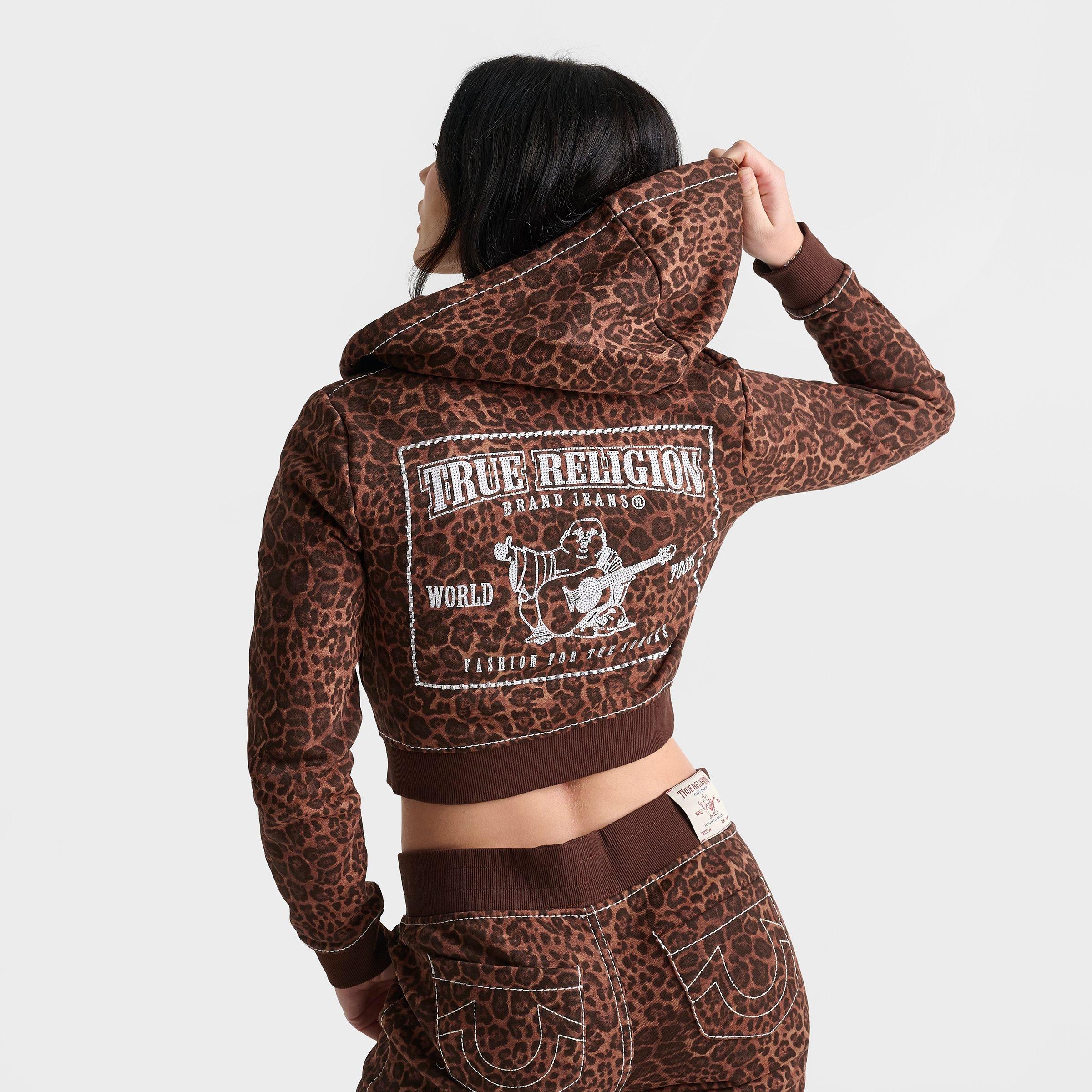 Women's True Religion Leopard Crystal Shrunken Big T Full-Zip Cropped Hoodie
