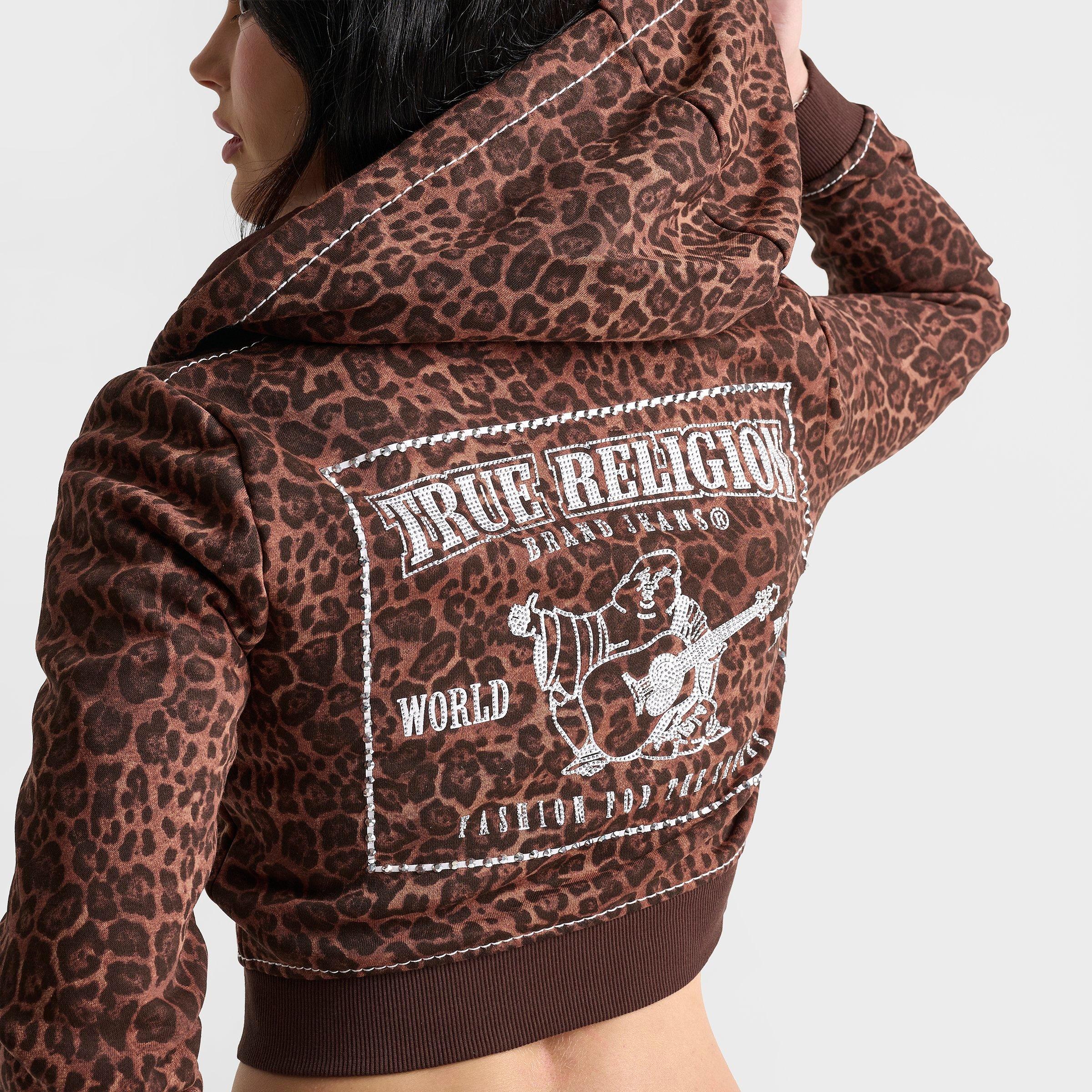 Women's True Religion Leopard Crystal Shrunken Big T Full-Zip Cropped Hoodie