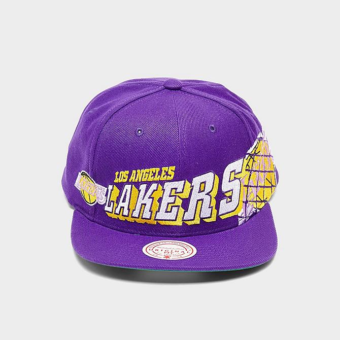 Three Quarter view of Mitchell & Ness Los Angeles Lakers The Grid Snapback Hat in Purple Click to zoom