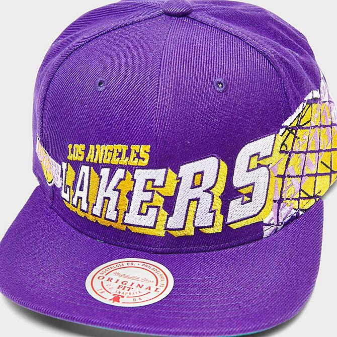 Left view of Mitchell & Ness Los Angeles Lakers The Grid Snapback Hat in Purple Click to zoom