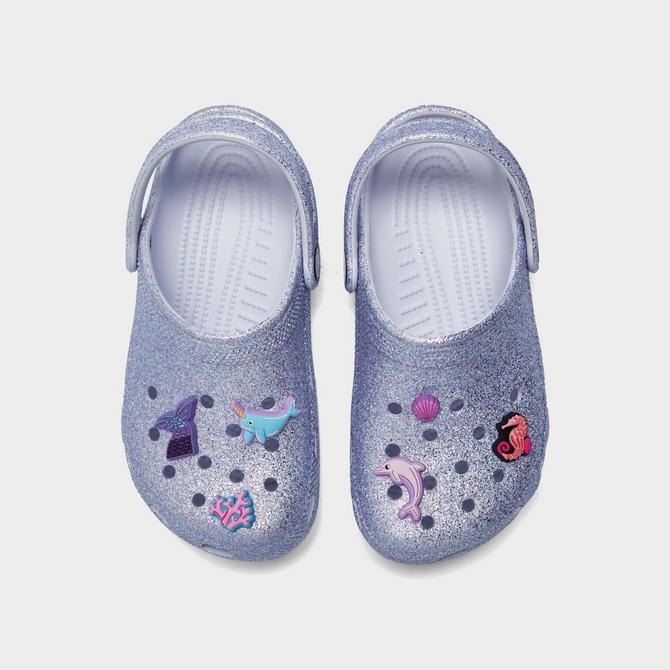 Back view of Girls' Little Kids' Crocs Classic Glitter Sea Friends Clog Shoes in Dreamscape Click to zoom