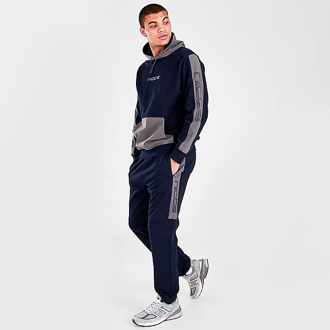 Front Three Quarter view of Men's NICCE Dax Pullover Hoodie in Deep Navy/Steel Grey Click to zoom