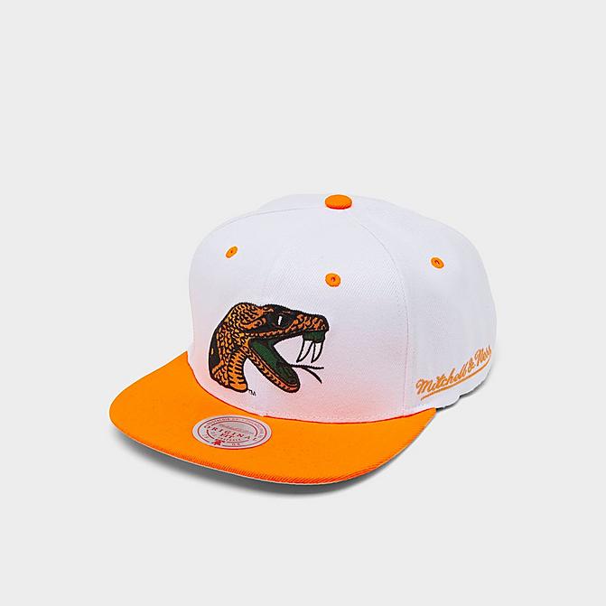 Right view of Mitchell & Ness Florida A&M University Dropback Snapback Hat in White/Orange Click to zoom