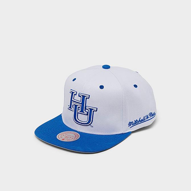 Right view of Mitchell & Ness Hampton University Dropback Snapback Hat in White/Blue Click to zoom