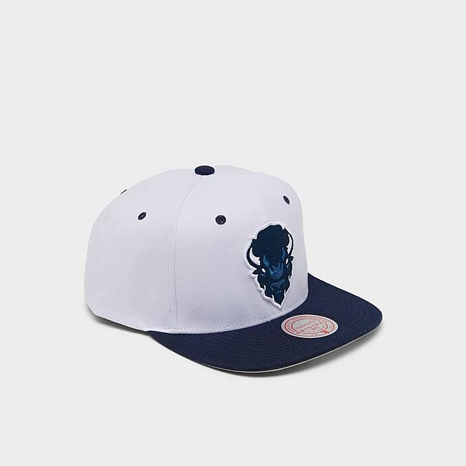 Three Quarter view of Mitchell & Ness Howard University Dropback Snapback Hat in White/Navy/Red Click to zoom