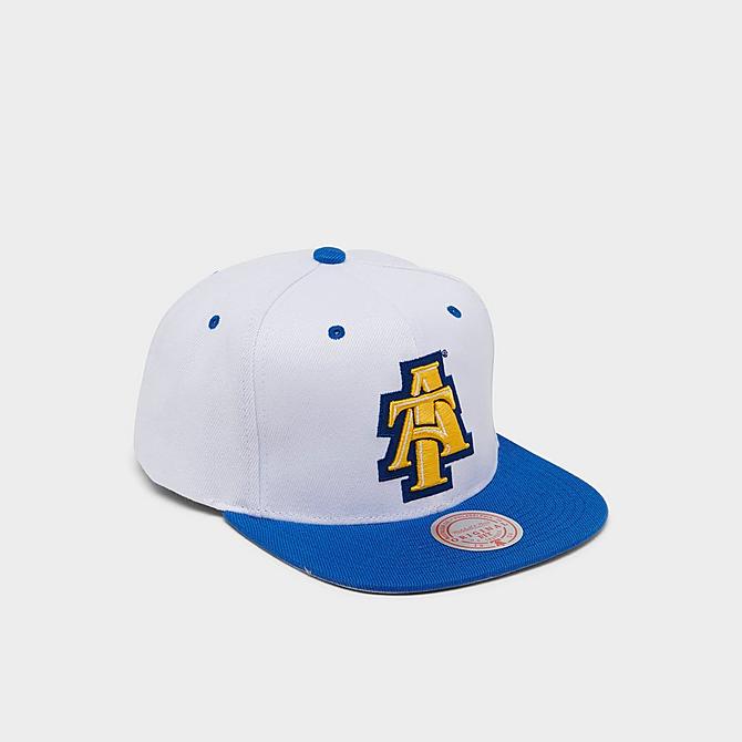 Three Quarter view of Mitchell & Ness North Carolina A&T State University Dropback Snapback Hat in White/Blue/Yellow Click to zoom