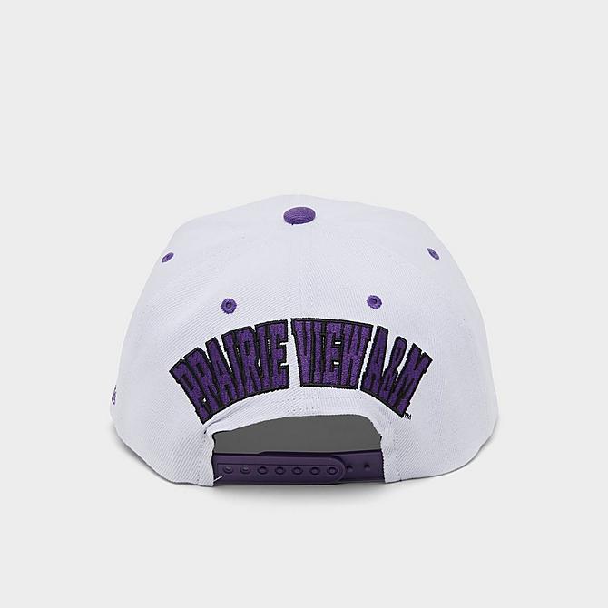 Front view of Mitchell & Ness Prairie View A&M University Dropback Snapback Hat in White/Purple Click to zoom