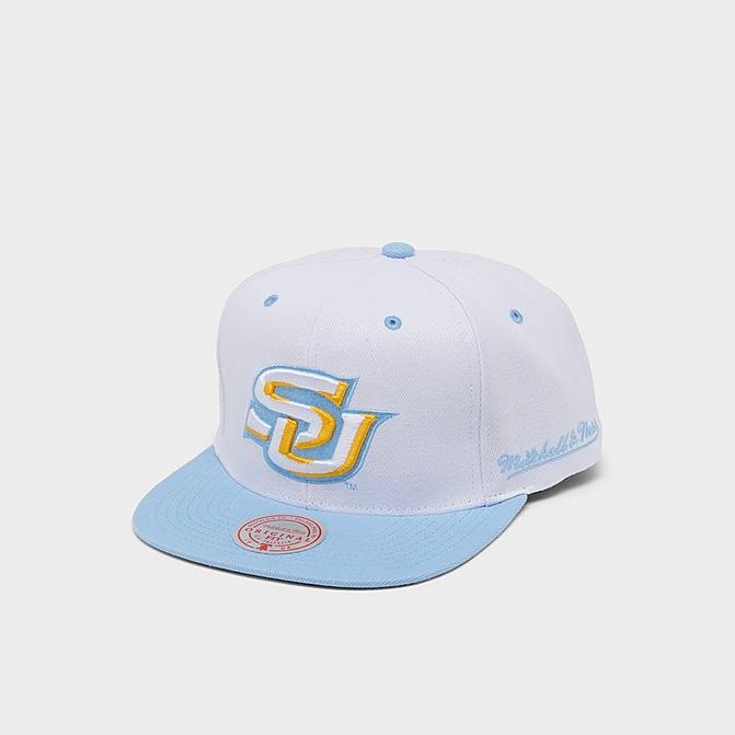 Right view of Mitchell & Ness Southern University and A&M College Dropback Snapback Hat in White/Light Blue Click to zoom