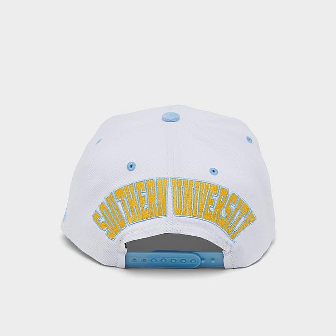 Front view of Mitchell & Ness Southern University and A&M College Dropback Snapback Hat in White/Light Blue Click to zoom