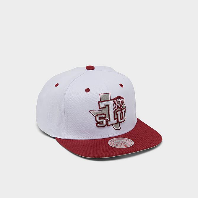 Three Quarter view of Mitchell & Ness Texas Southern University Dropback Snapback Hat in White/Red Click to zoom