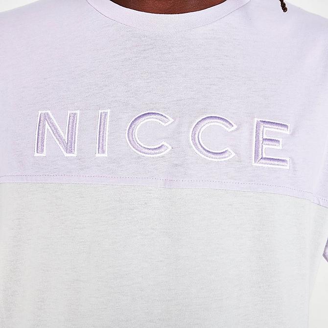 On Model 5 view of Men's NICCE Maxin T-Shirt in Lilac/Stone Grey Click to zoom