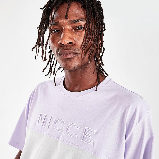 On Model 6 view of Men's NICCE Maxin T-Shirt in Lilac/Stone Grey Click to zoom