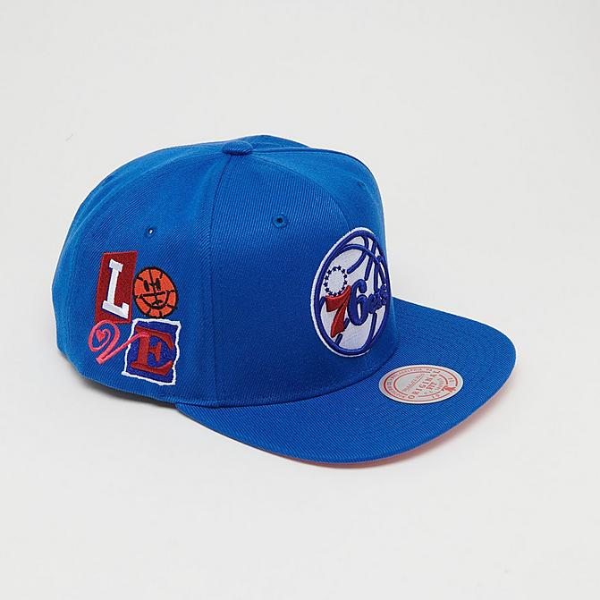 Right view of Mitchell & Ness Philadelphia 76ers All Love Snapback Hat in Blue Click to zoom