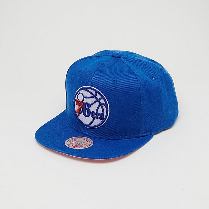 Three Quarter view of Mitchell & Ness Philadelphia 76ers All Love Snapback Hat in Blue Click to zoom