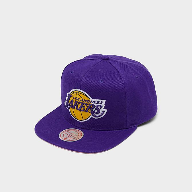 Three Quarter view of Mitchell & Ness Los Angeles Lakers All Love Snapback Hat in Purple Click to zoom