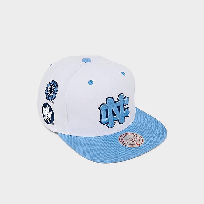 Front view of Mitchell & Ness North Carolina Tar Heels College Champs City Snapback Hat in White Click to zoom