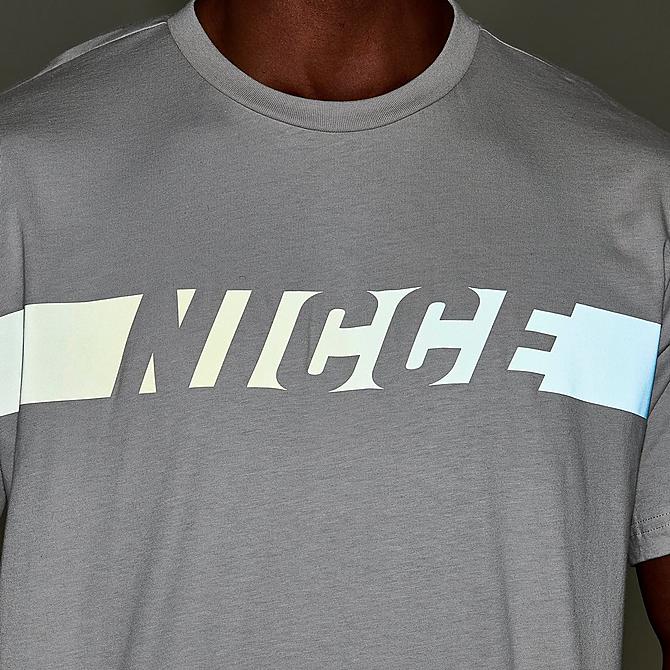 On Model 6 view of Men's Nicce Omaze Print Logo T-Shirt in Stone Grey Click to zoom